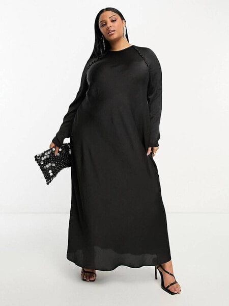 ASOS DESIGN Curve satin biased maxi dress with button detail in black