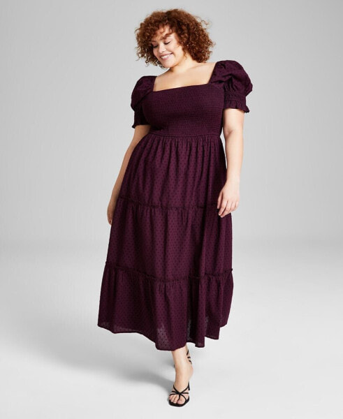 Trendy Plus Size Puff-Sleeve Cotton Tiered Maxi Dress, Created for Macy's