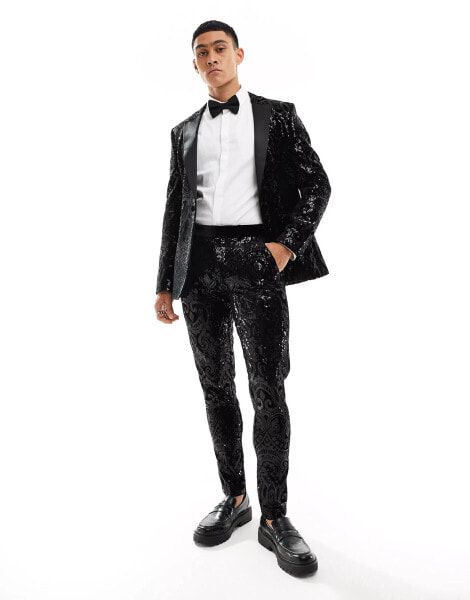 ASOS DESIGN paisley sequin skinny fit tuxedo trouser in black