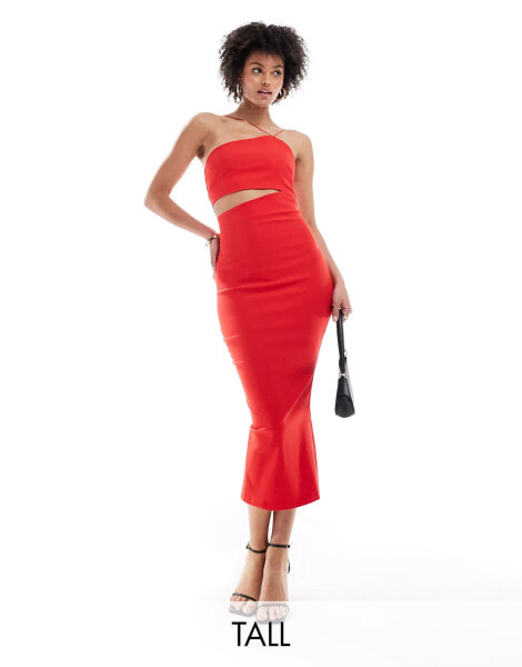 Vesper Tall – Asymmetrisches Midikleid in Rot mit Neckholder-Träger und Zierausschnitt