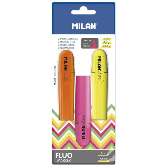 MILAN Blister Pack 3 Fluo Highlighters (Yellow Orange And Pink)