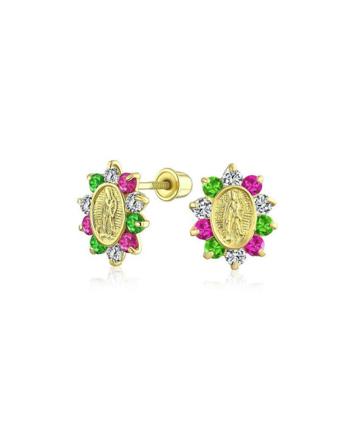 Small Green Pink Cubic Zirconia CZ Holy Mother Religious Medallion Style OvalYellow 14K Gold Virgin Mary Stud Earrings For Women