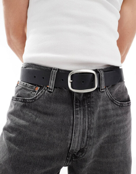 ASOS DESIGN leather belt with burnished silver buckle in black