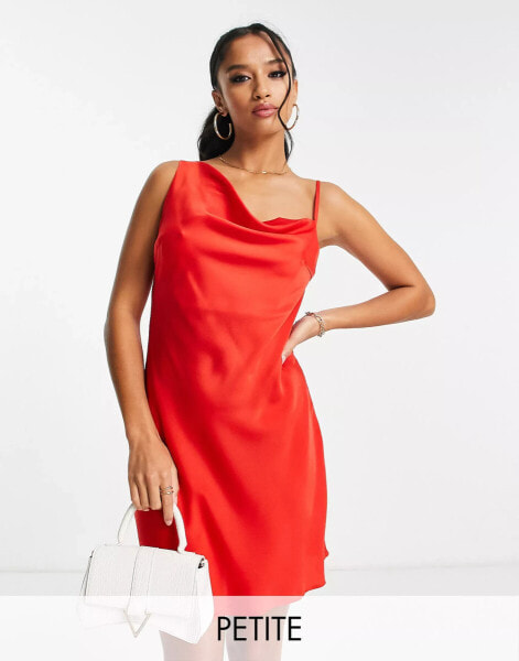 Lola May Petite satin ruched asymmetric shoulder mini dress in red