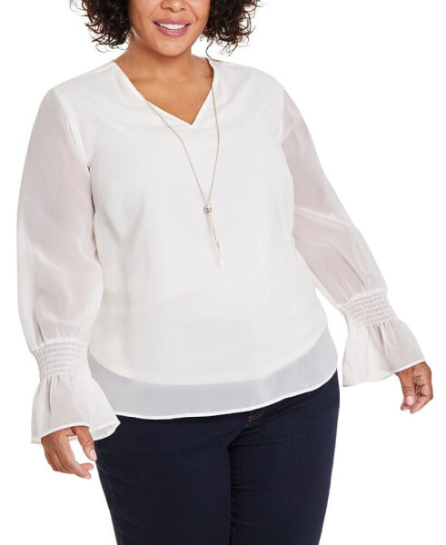 Plus Size Smocked-Sleeve Necklace Top, Created for Macy's
