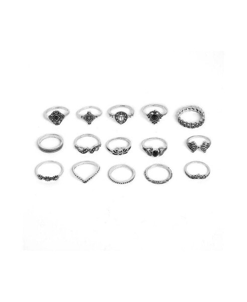 Women's Silver Pack Of 15 Oxidized Rings