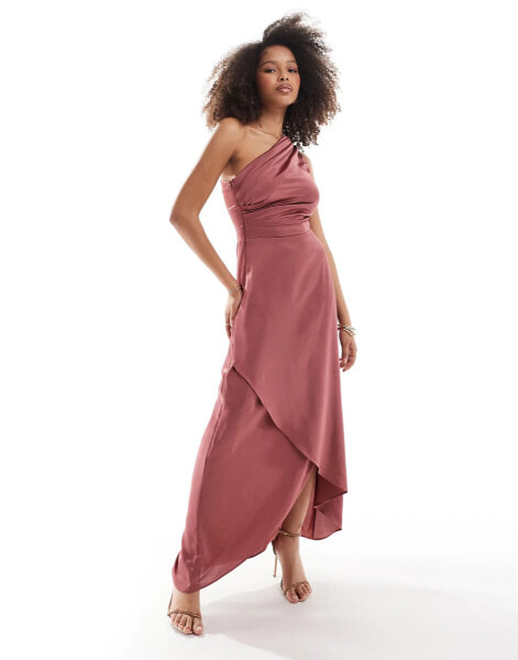 TFNC Bridesmaid one shoulder satin maxi dress in mulberry