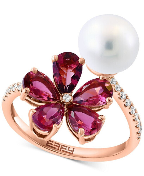 EFFY® Freshwater Pearl (8mm), Pink Tourmaline (5-1/2 ct. t.w.) & Diamond (1/8 ct. t.w.) Flower Bypass Ring in 14k Rose Gold