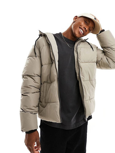 Only & Sons heavyweight hooded puffer jacket in beige