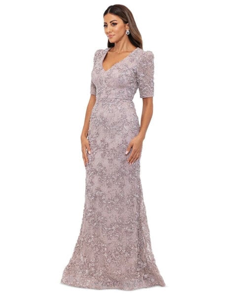 Women's Floral Soutache Sequin Puff-Sleeve Lace Gown