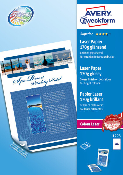Avery Zweckform Avery Premium Colour Laser Photo Paper 170 g/m² - Laser printing - A4 (210x297 mm) - Gloss - 200 sheets - 170 g/m² - White