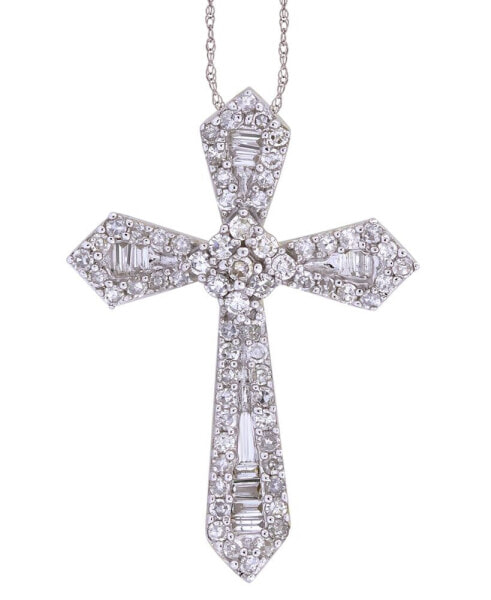 Diamond Round & Baguette Cross 18" Pendant Necklace (1/4 ct. t.w.) in 10k White Gold