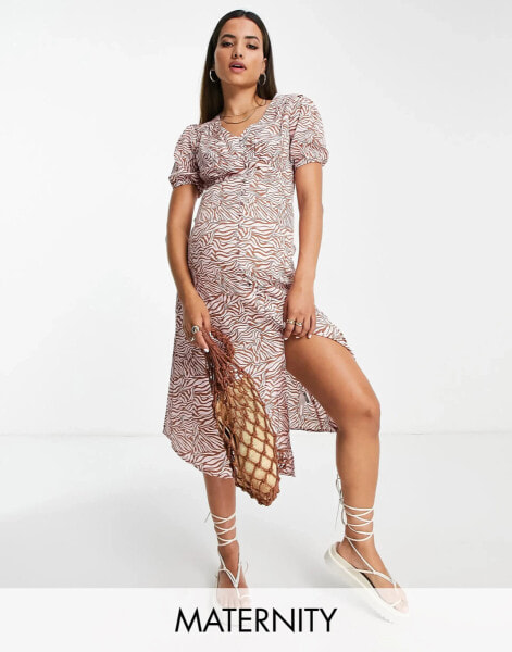 Wednesday's Girl Maternity button through midi tea dress in tonal pink zebra