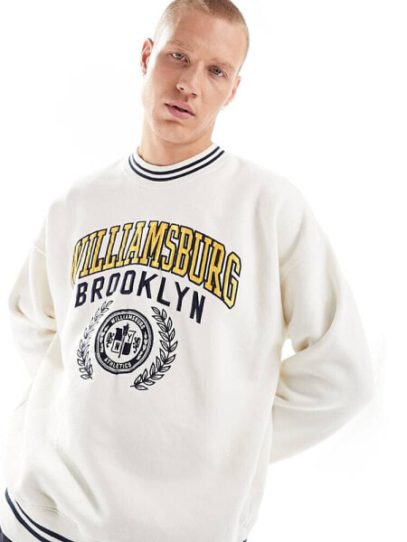 Abercrombie & Fitch Williamsburg oversized varsity sweatshirt with embroidery in white