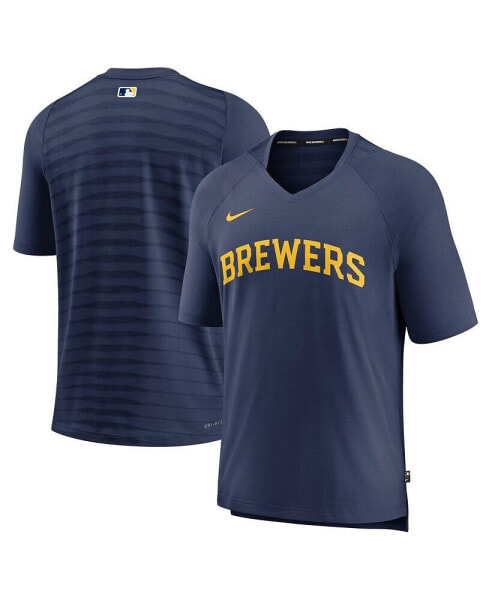 Men's Navy Milwaukee Brewers Authentic Collection Pregame Raglan Performance V-Neck T-Shirt