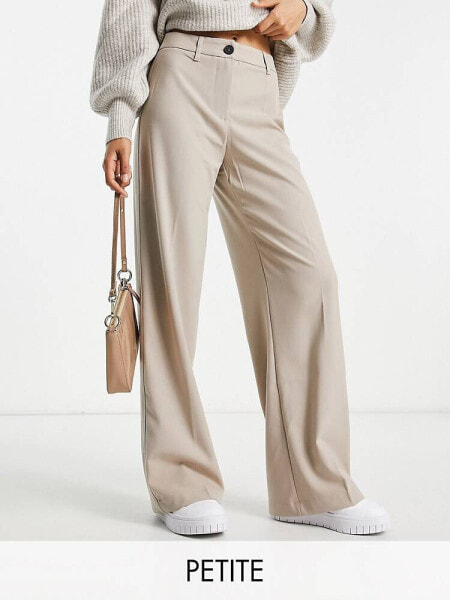 Bershka Petite wide leg slouchy dad tailored trousers in mushroom