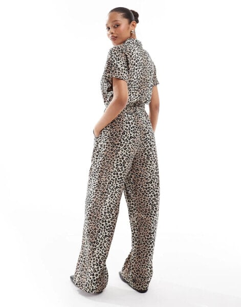 Vila buttondown tie waist jumpsuit in leopard print