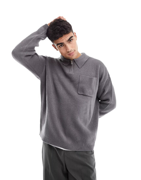 ASOS DESIGN oversized compact knit smart half zip in charcoal