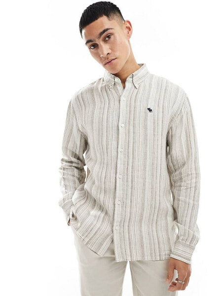 Abercrombie & Fitch icon logo linen stripe oxford shirt in tan/grey