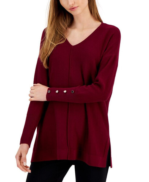 Women's Seamed-Front Button-Cuff V-Neck Sweater