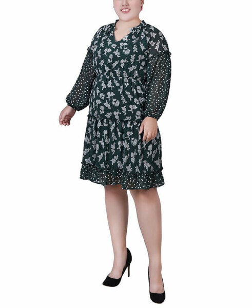 Plus Size Long Sleeve Combo Chiffon Dress