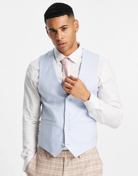 ASOS DESIGN wedding super skinny waistcoat in linen mix blue puppytooth check