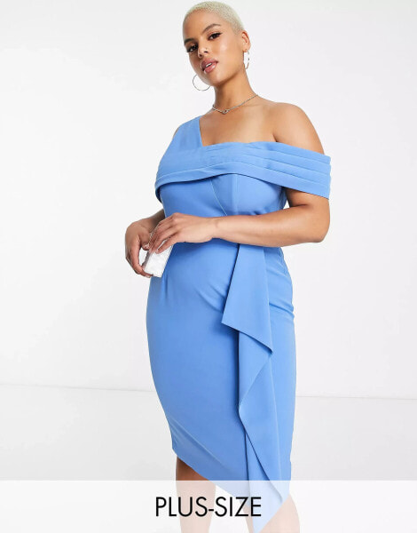 Lavish Alice Plus – Midikleid in Blau mit asymmetrischem, schulterfreiem Ausschnitt