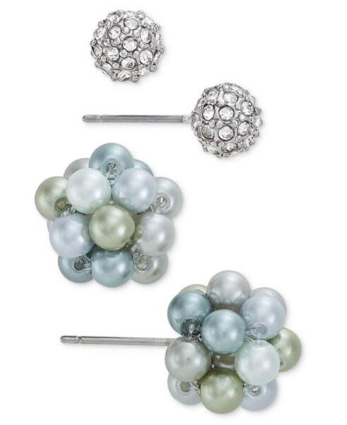 Silver-Tone 2-Pc. Set Pavé Fireball & Color Imitation Pearl Stud Earrings, Created for Macy's