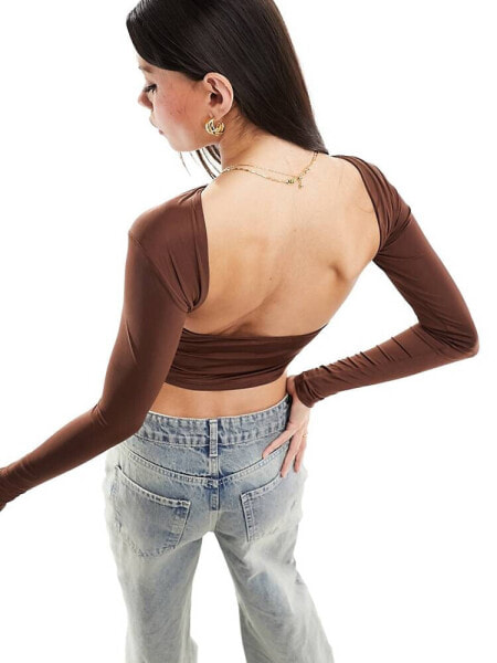 Stradivarius slash neck open back long sleeve top in brown