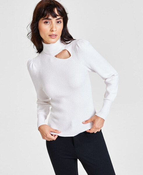 Women's Turtleneck Cutout Ribbed Sweater, Created for Macy's