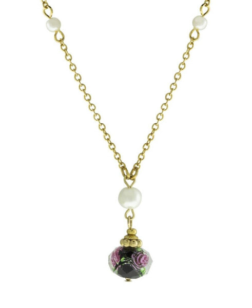 Gold-Tone Imitation Pearl and Black Floral Bead Drop 16" Adjustable Necklace
