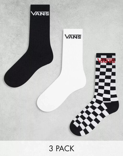 Vans 3 pack classic crew socks in black and white