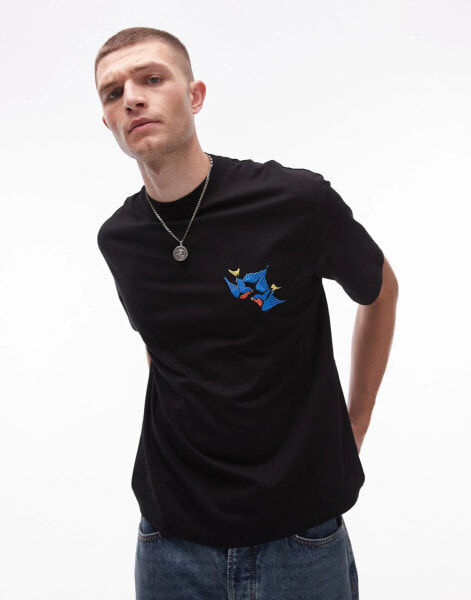 Topman oversized fit cropped t-shirt with swallow embroidery in black