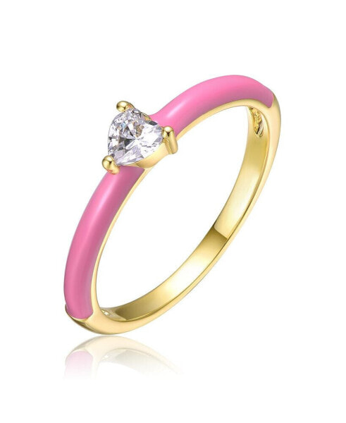 RA Young Adults/Teens 14k Yellow Gold Plated with Cubic Zirconia Heart Solitaire Pink Enamel Ring