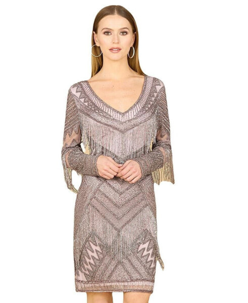 Women's Long Sleeve Beaded V-Neck Fringe Cocktail Mini Dress