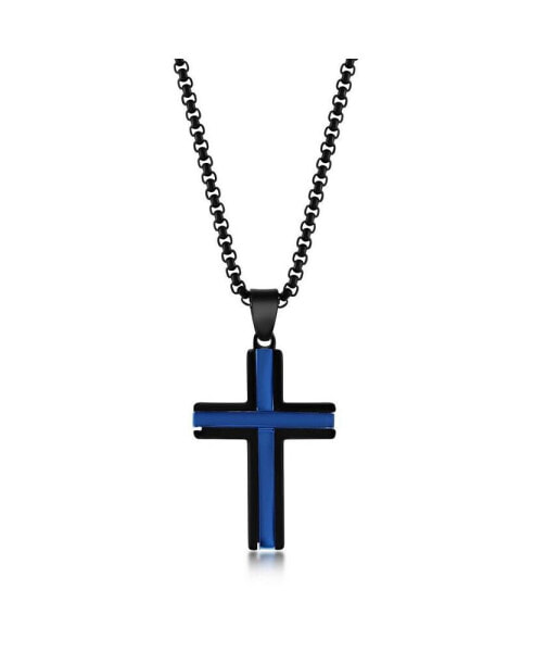 Men's Stainless Steel Black & Blue Plated Cross Necklace