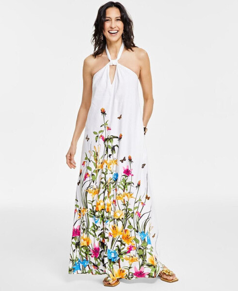 Petite Linen-Blend Keyhole Halter Floral Maxi Dress, Created for Macy's