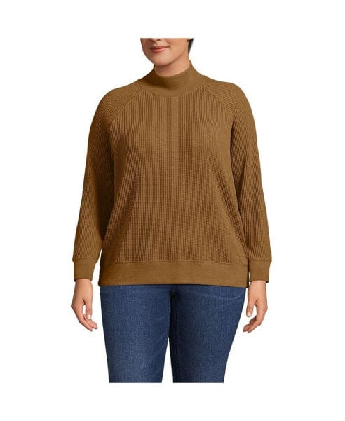 Plus Size Waffle Relaxed Long Sleeve Mock Neck Pullover