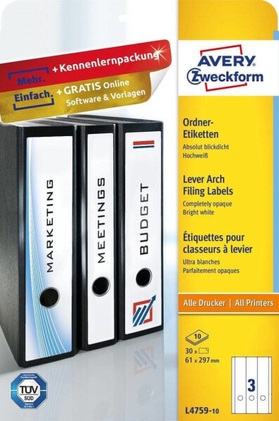 Avery Zweckform Avery L4759-10 - White - Paper - 61 x 297 mm - 30 pc(s) - 10 sheets - 210 x 297 mm