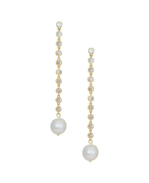 Cubic Zirconia Chain Freshwater Pearl Drop 18K Gold Plated Earrings