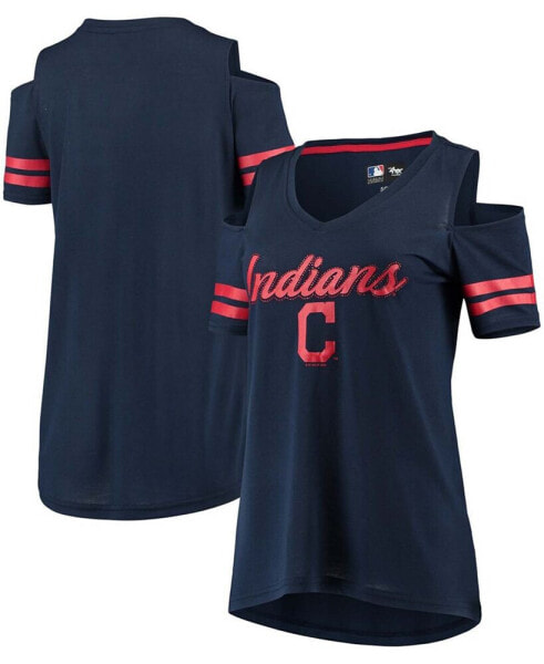 Women's Navy Cleveland Indians Extra Inning Cold Shoulder T-shirt