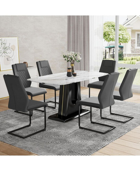 Table and chair set, modern and minimalist dining table, imitation marble patterned tabletop, MDF legs with U-shaped brackets. Paired with comfortable chairs, suitable for dining and living rooms.