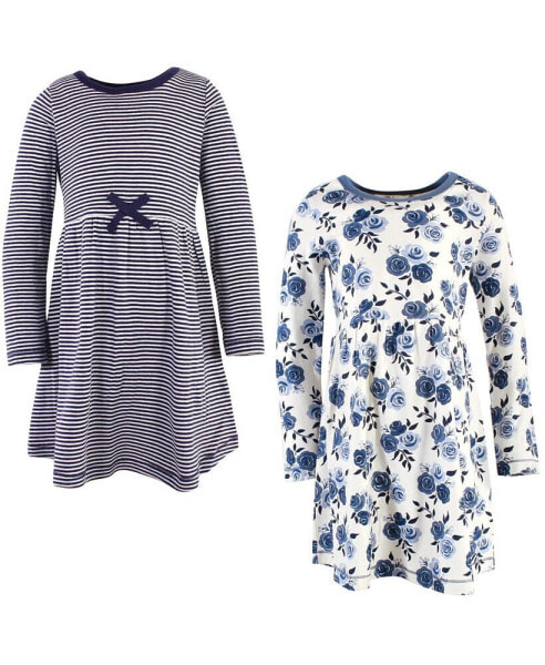 Little Girls Organic Cotton Long-Sleeve Dresses 2pk, Navy Floral