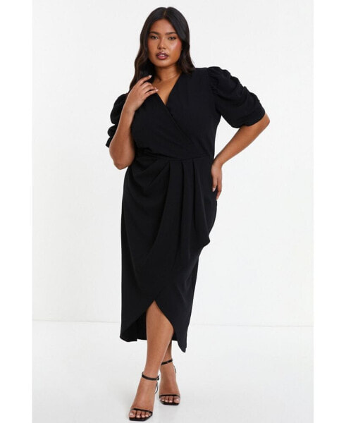 Plus Size Wrap Pleated Ruched Sleeve Midi Dress