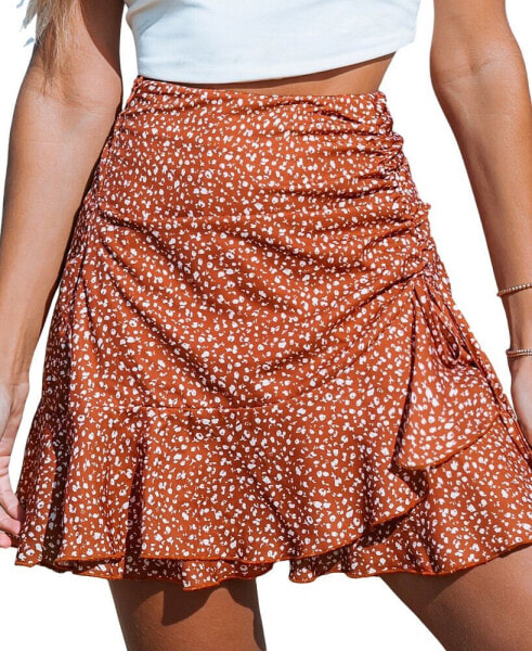 Women's Brick Red Floral Ditsy Asymmetrical Ruffle Mini Skirt