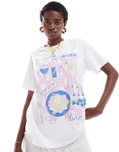 Reclaimed Vintage oversized t-shirt with handrawn food and drink print in white