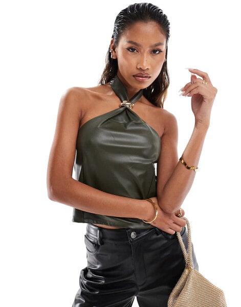 ASOS DESIGN halter leather look top with gold heard wear detail in khaki