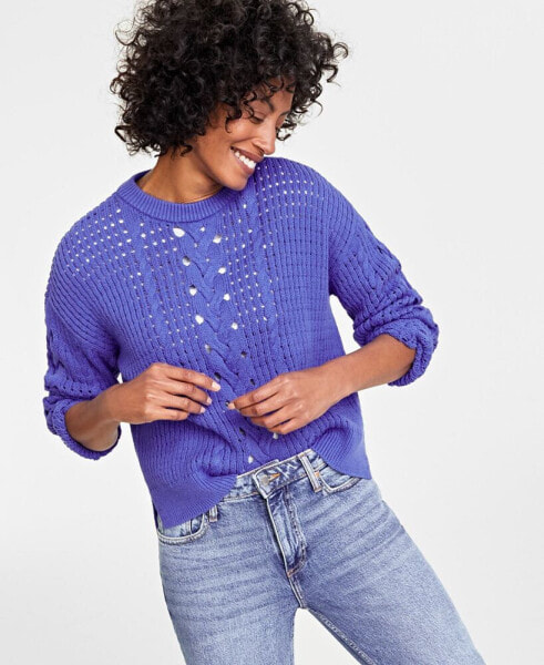 Women's Cable-Knit-Mesh Crewneck Long-Sleeve Sweater, Created for Macy's