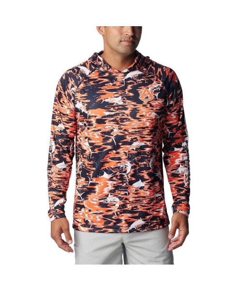 Men's Navy Auburn Tigers PFG Terminal Tackle Omni-Shade Rippled Long Sleeve Hooded T-shirt