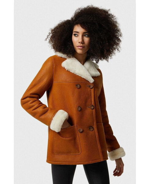 Women's Shearling Peacoat, Washed Tan with White Wool